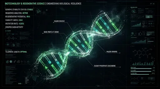 Holographic visualisation of a DNA double helix rendered in neon green against darkness.