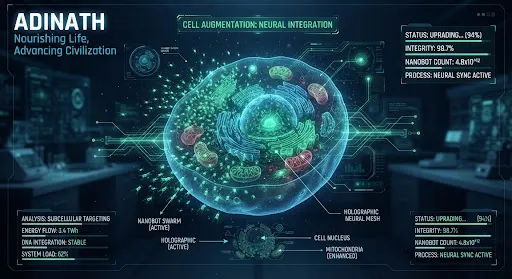 Laboratory visualisation of a human cell being augmented with nanobots and holographic neural interfaces, rendered as a technical blueprint in deep blue with glowing green highlights.