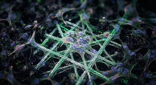 Microscopic view of synthetic bio-scaffolding — a lattice of glowing silver filaments supporting regenerating tissue.